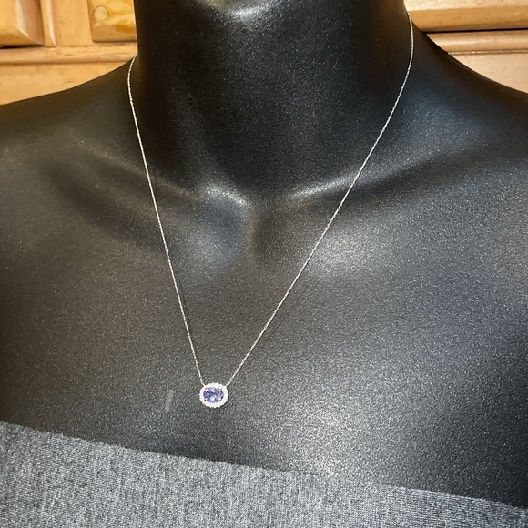Solid 10K White Gold Natural Tanzanite Gem Faux Diamond Halo Necklace (not 14K) - Picture 11 of 13